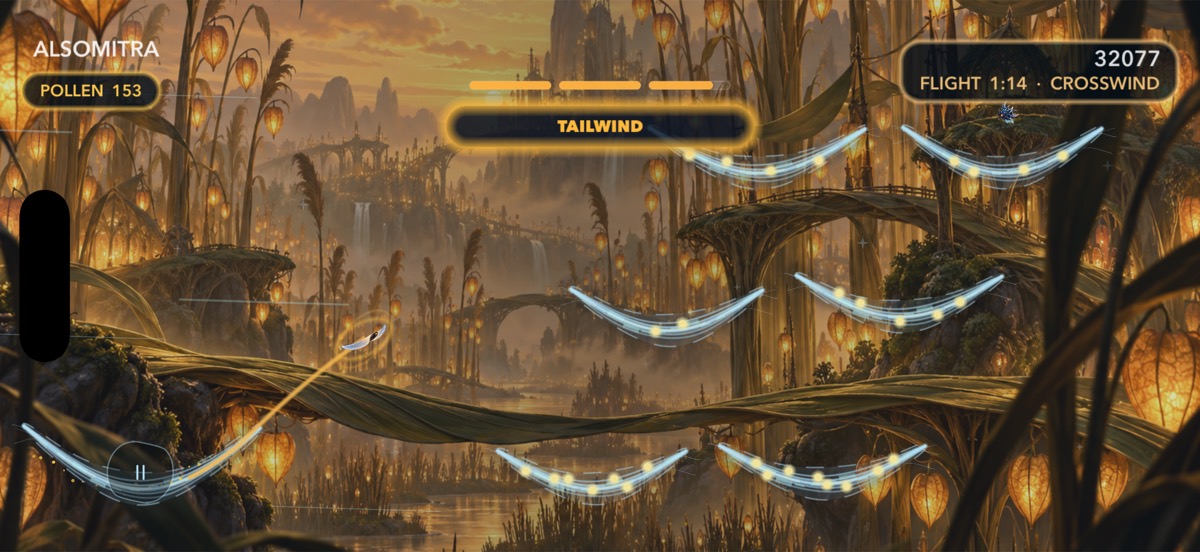 Mitra gliding through a golden Tailwind in Lantern Reeds