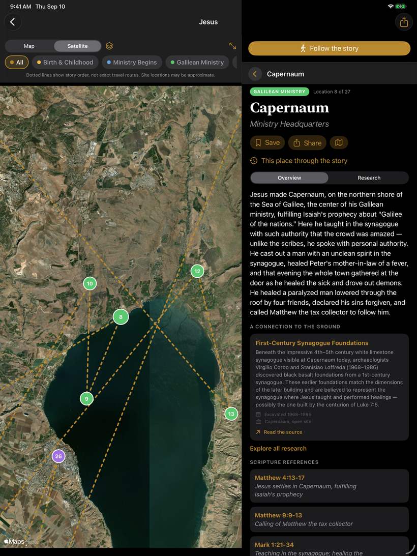 Scripture & Stone on iPad, map and story side by side